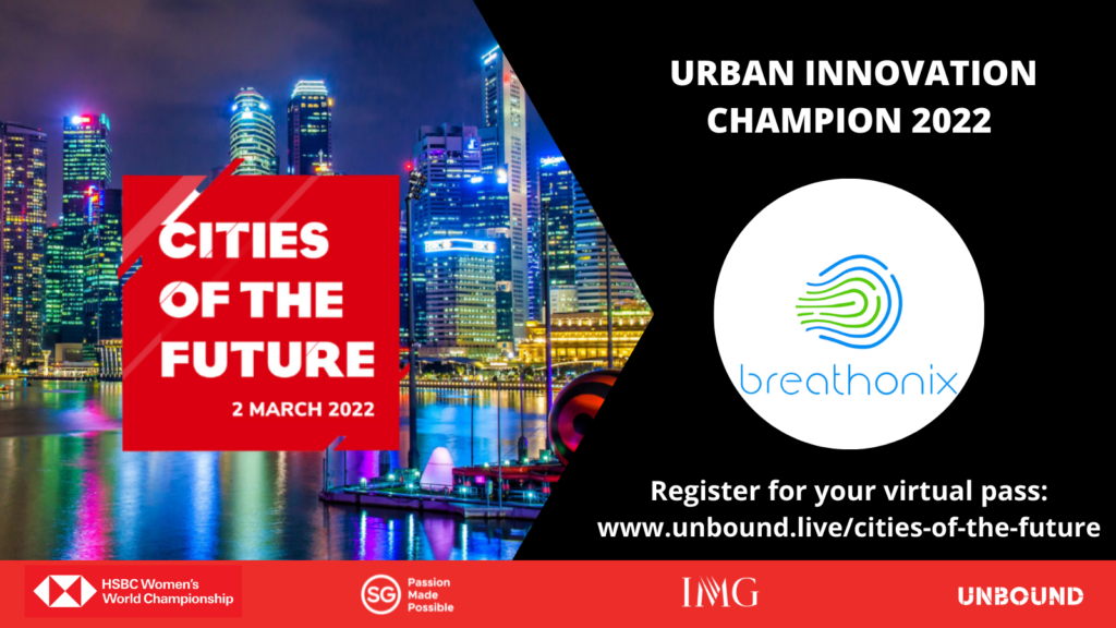 A cities of the future banner featuring Breathonix as an urban innovation champion
